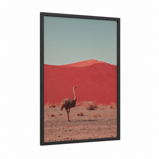 Desert Ostrich framed art print — black wood frame — red and blue palette