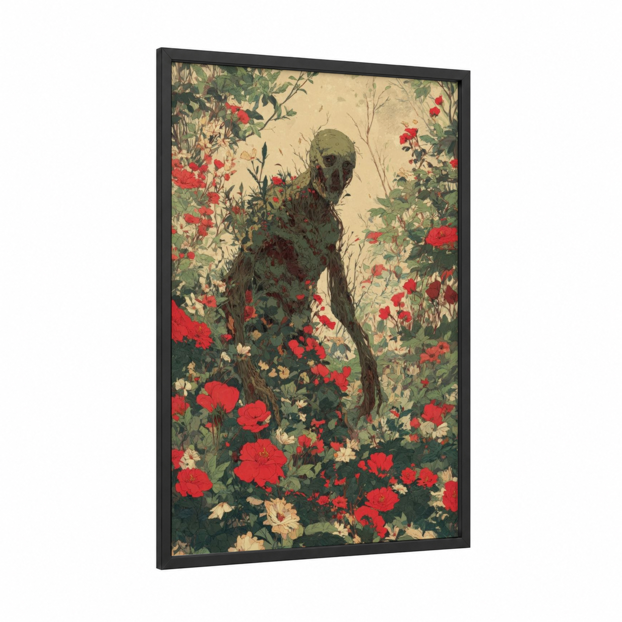 Garden Zombie framed art print — black wood frame — red and cream palette