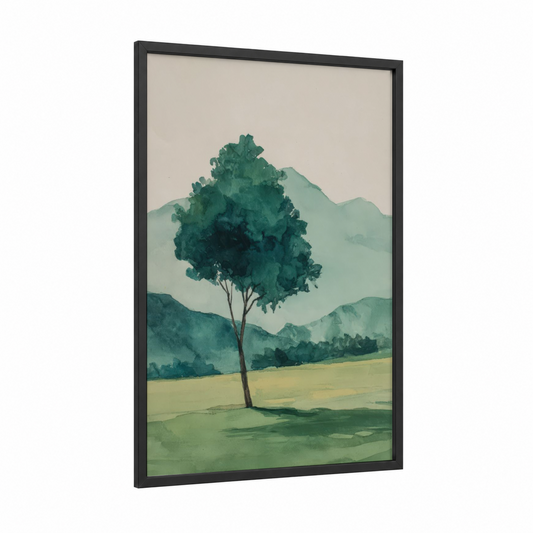 Misty Valley Tree framed fruit trees print — black wood frame — teal and light green palette