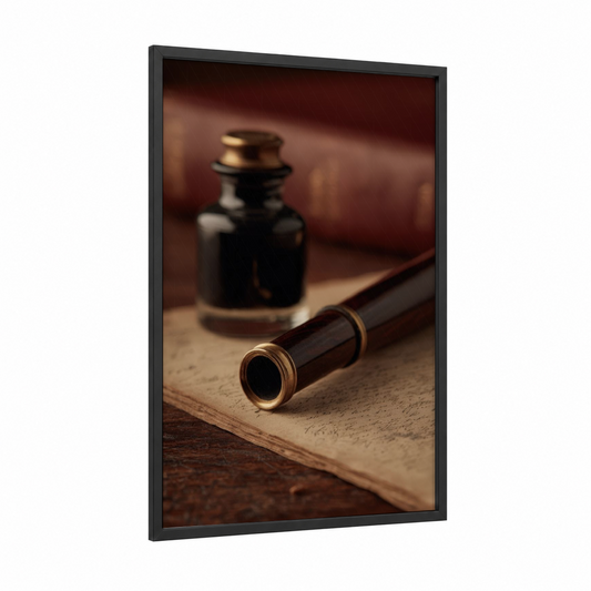 Vintage Spyglass framed art print — black wood frame — maroon and gold palette