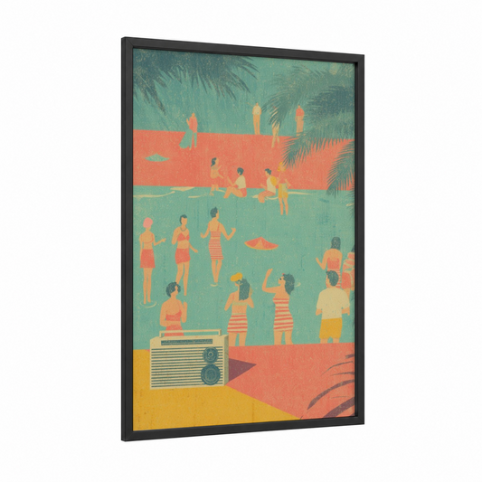 Retro Beach Party framed retro pop print — black wood frame — teal and salmon pink palette