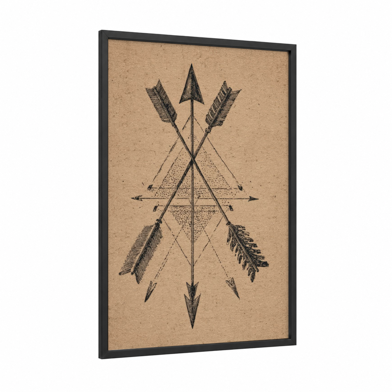 Geometric Archery framed art print — black wood frame — black and beige palette