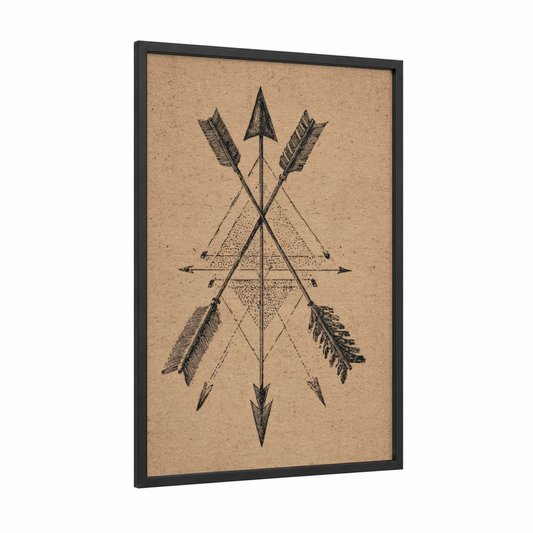 Geometric Archery framed art print — black wood frame — black and beige palette