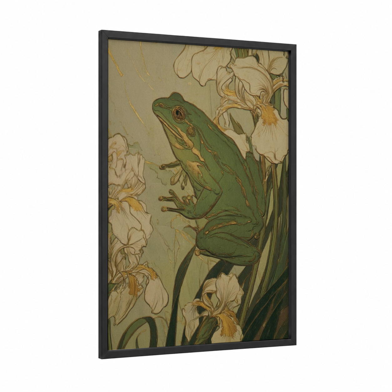 Emerald Frog Iris framed frogs and toads print — black wood frame — sage green and cream palette