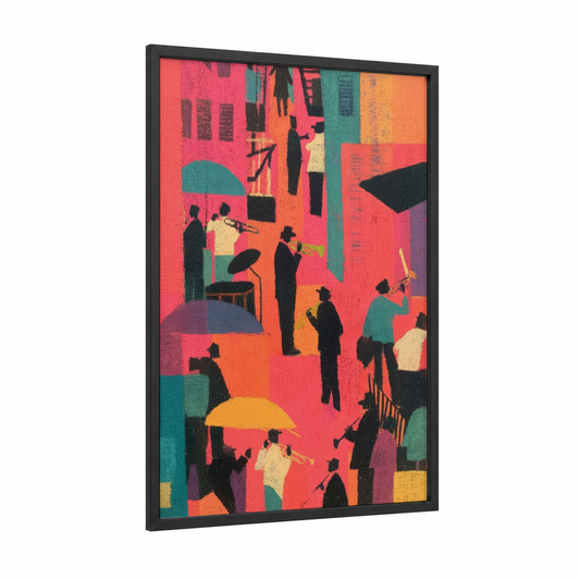Vibrant Jazz Ensemble framed art print — black wood frame — orange and teal palette