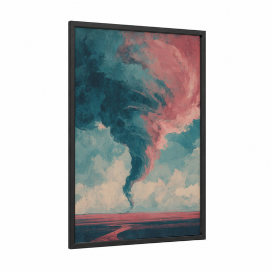 Crimson Tornado framed art print — black wood frame — teal and salmon pink palette