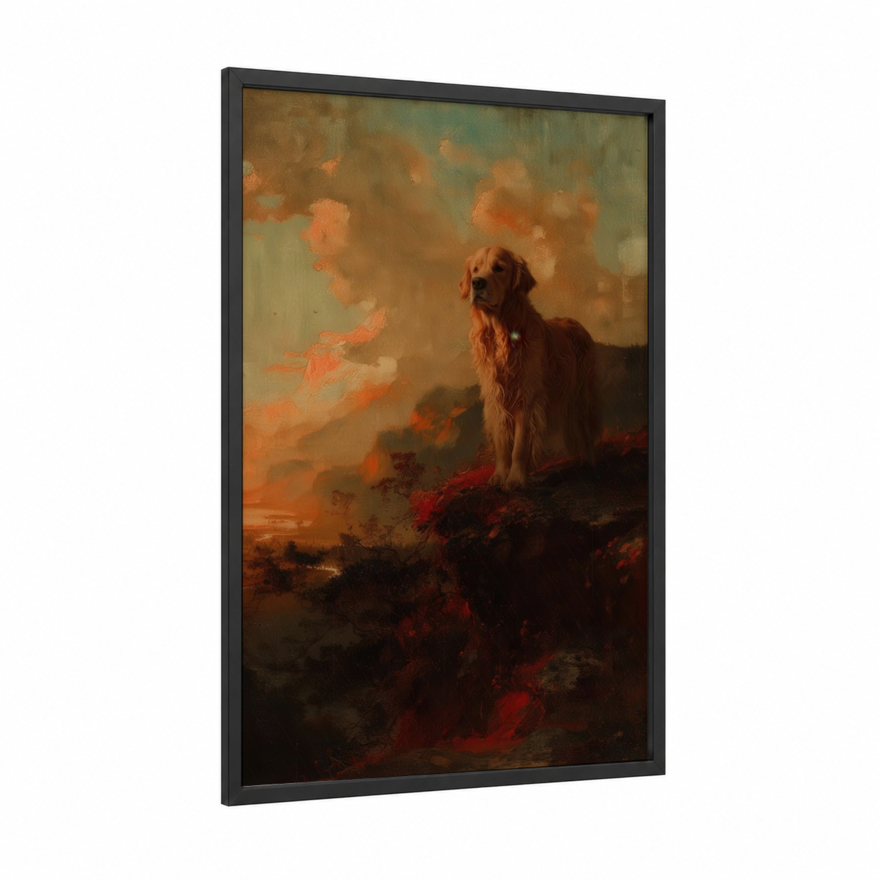 Golden Retriever Sunset framed art print — black wood frame — gold and orange palette