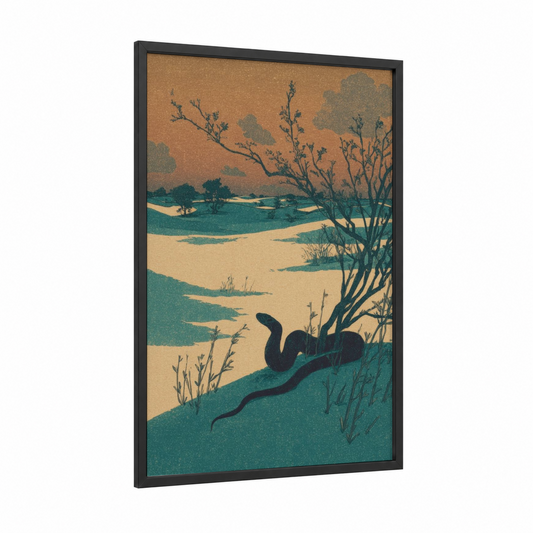 Riverside Cobra framed art print — black wood frame — teal and gold palette