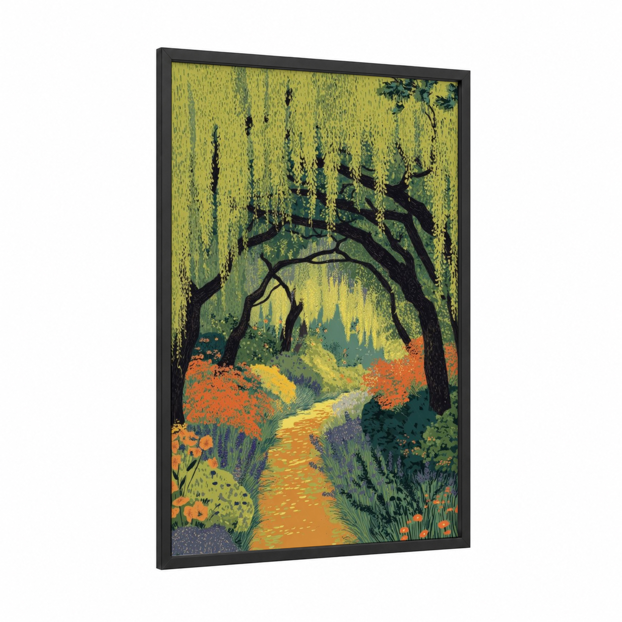 Wisteria Archway framed art print — black wood frame — lime green and orange palette