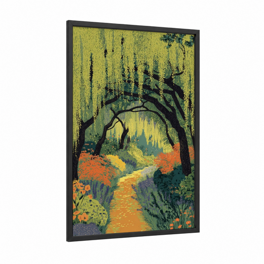 Wisteria Archway framed art print — black wood frame — lime green and orange palette