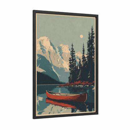 Alpine Lake Canoe framed kayaks and canoes print — black wood frame — teal and peach palette
