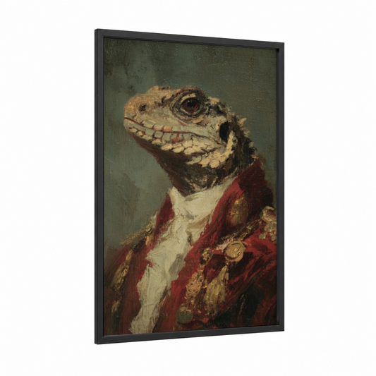 Aristocrat Lizard framed art print — black wood frame — sage green and maroon palette