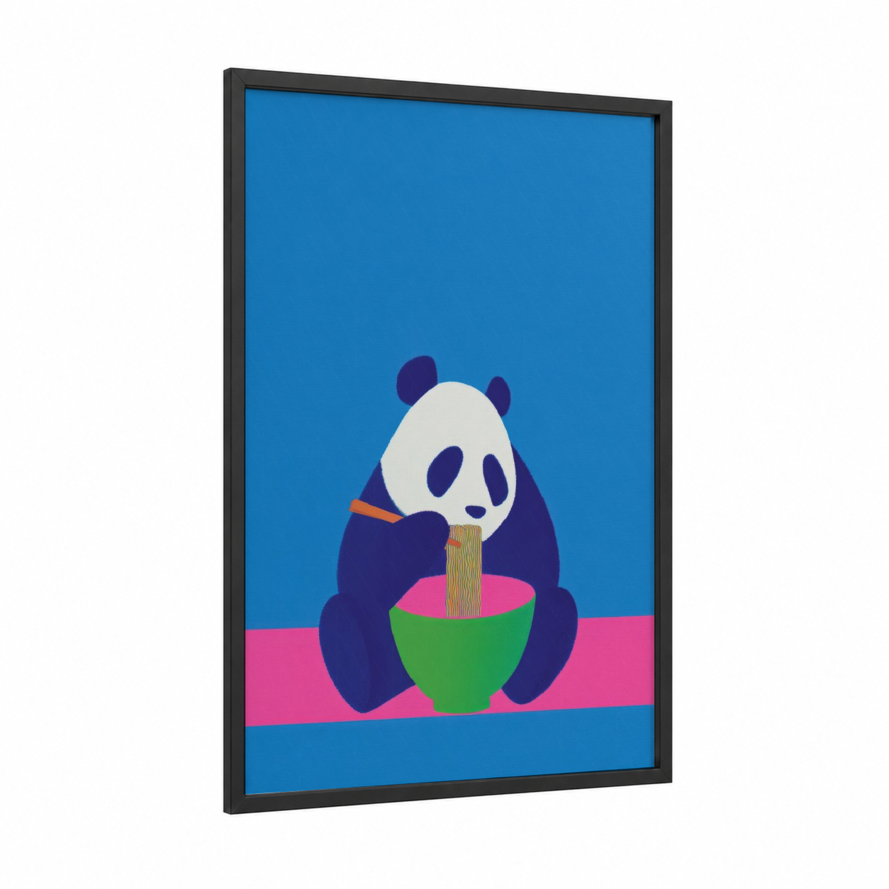 Noodle Panda framed art print — black wood frame — blue and pink palette