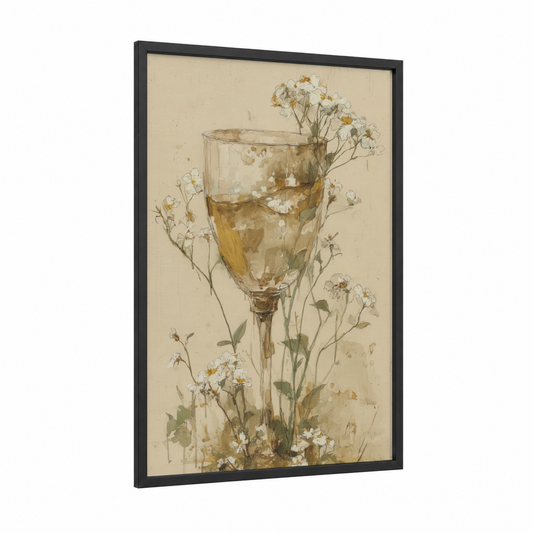Chamomile Wine framed white wine print — black wood frame — cream and sage green palette