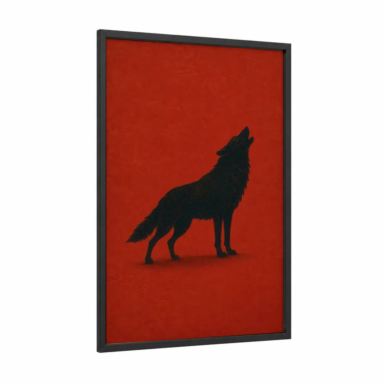 Howling Wolf Minimalist Wall Art framed art print — black wood frame — red and black palette