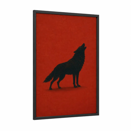 Howling Wolf Minimalist Wall Art framed art print — black wood frame — red and black palette