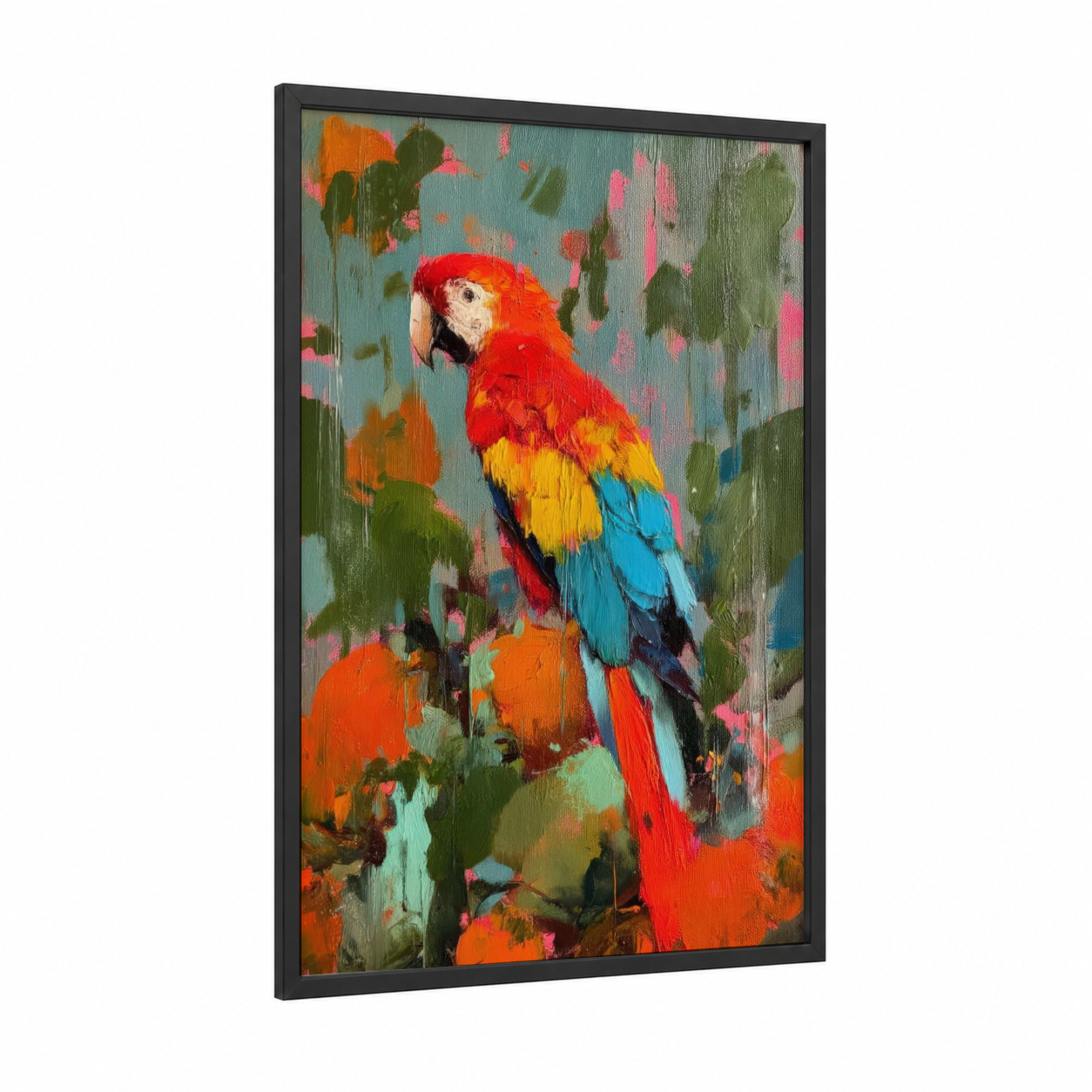 Crimson Macaw framed art print — black wood frame — red and green palette
