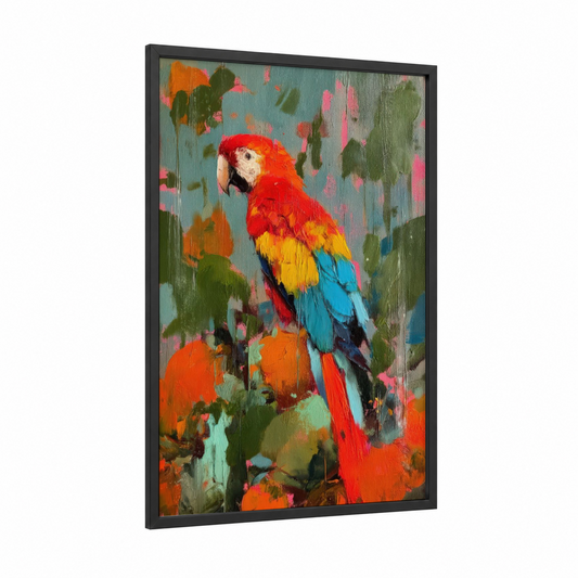 Crimson Macaw framed art print — black wood frame — red and green palette