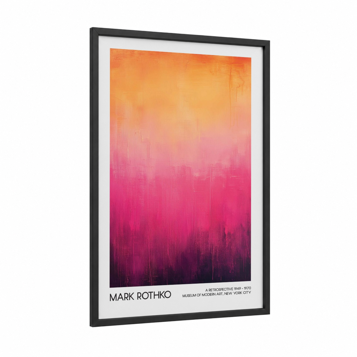 Crimson Cityscape framed abstract classic print — black wood frame — magenta and orange palette