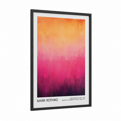 Crimson Cityscape framed abstract classic print — black wood frame — magenta and orange palette
