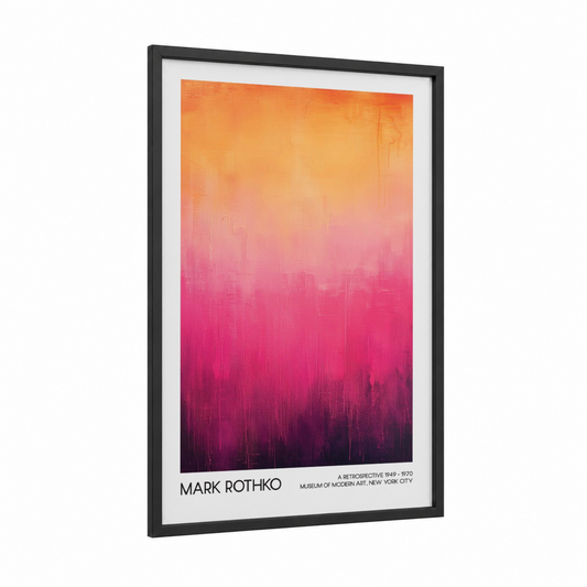 Crimson Cityscape framed abstract classic print — black wood frame — magenta and orange palette