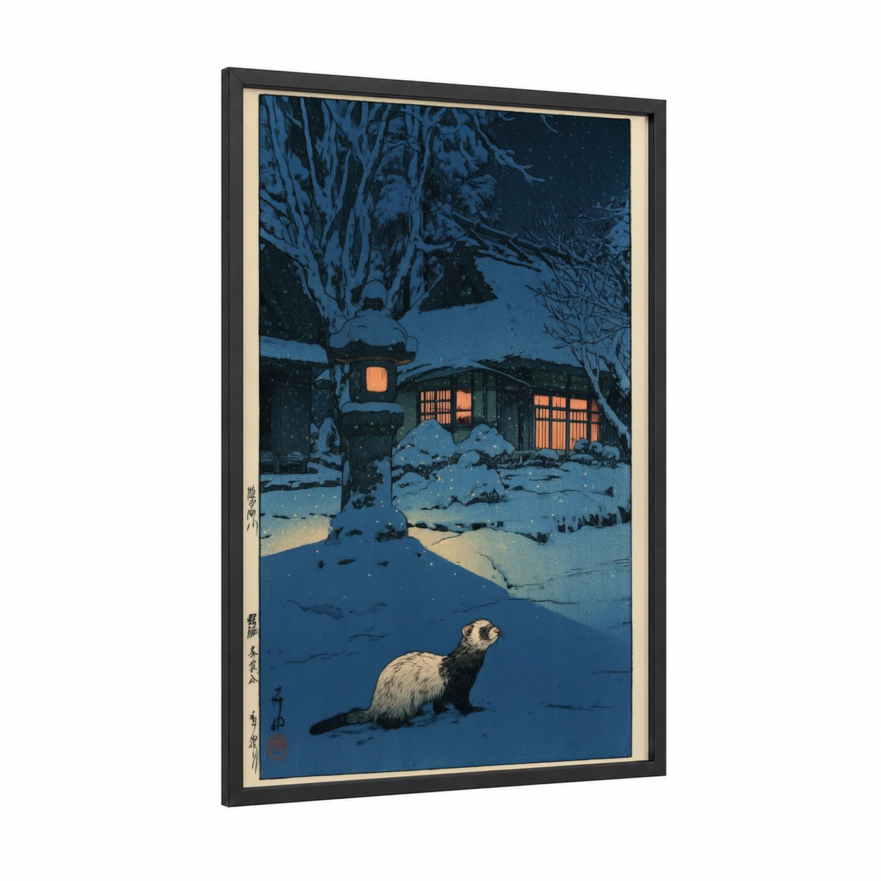 Snowy Ferret Night framed art print — black wood frame — dark blue and cream palette