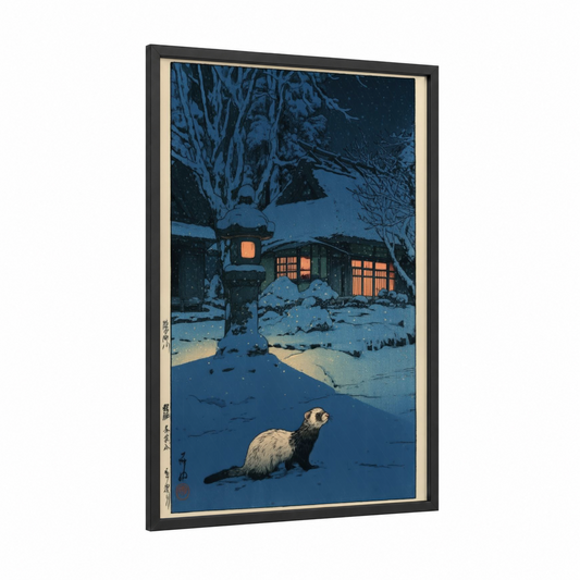 Snowy Ferret Night framed art print — black wood frame — dark blue and cream palette