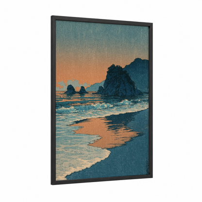 Golden Coastal Sunset framed beach sunrise and sunsets print — black wood frame — teal and gold palette