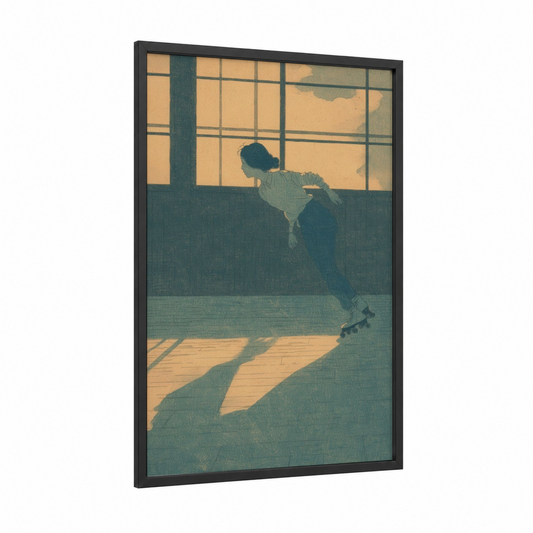 Golden Hour Skater framed roller skating print — black wood frame — gold and teal palette