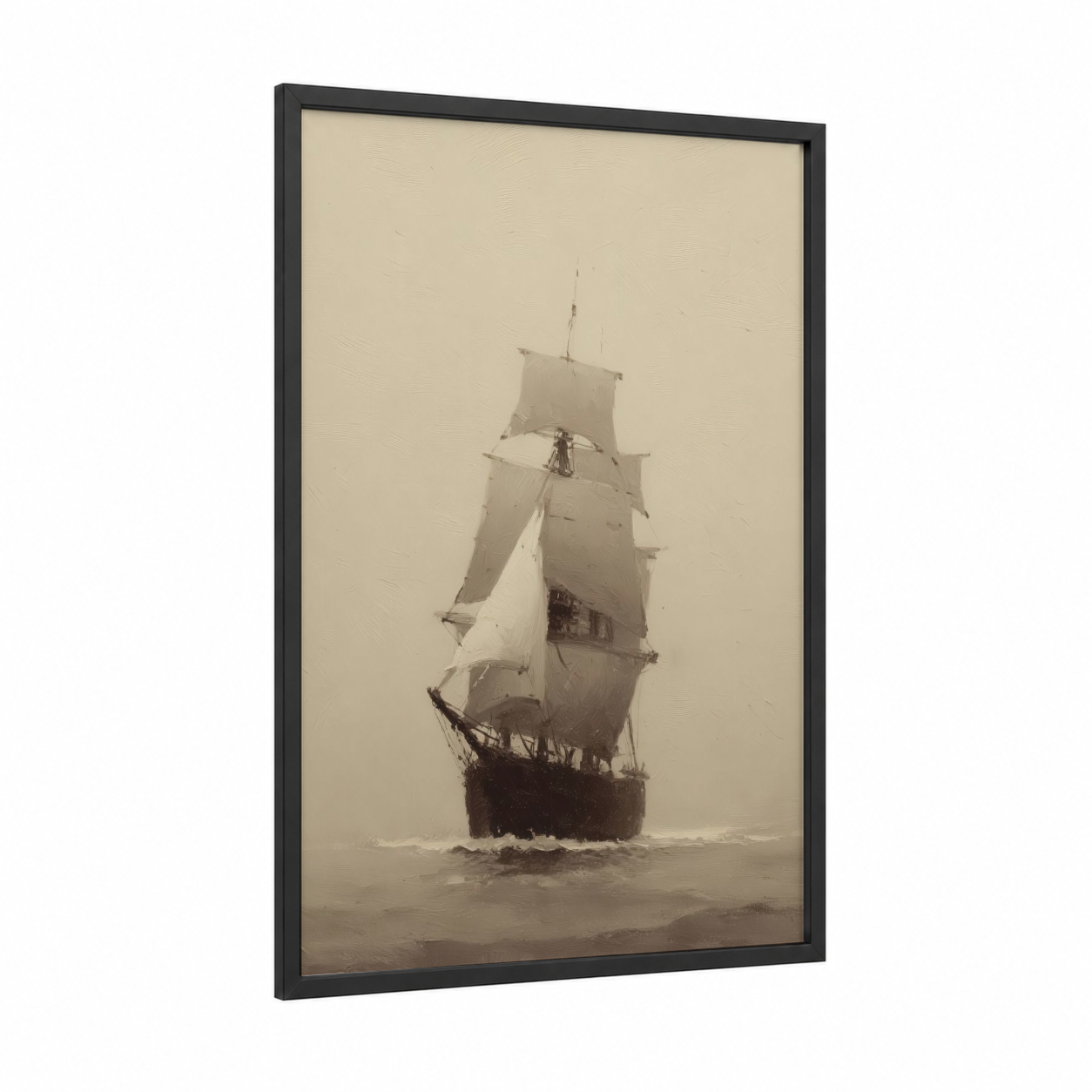 Misty Clipper Ship framed old ships print — black wood frame — cream and black palette