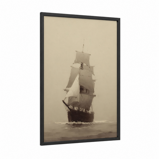 Misty Clipper Ship framed old ships print — black wood frame — cream and black palette