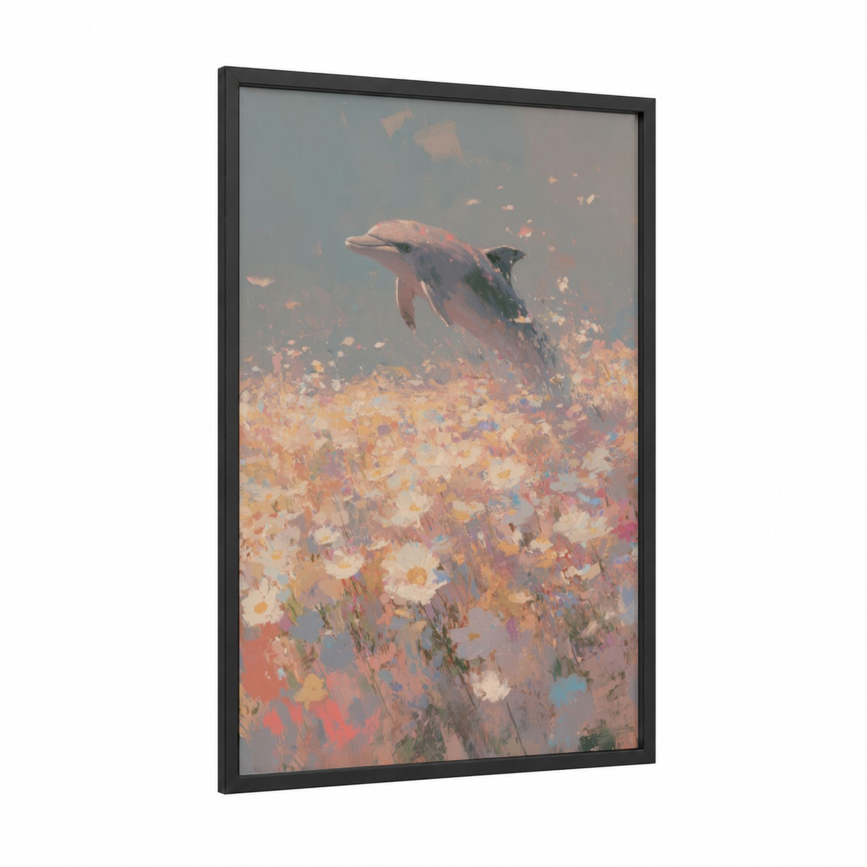 Dreaming Dolphin framed dolphins print — black wood frame — peach and blue palette