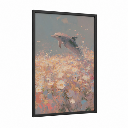 Dreaming Dolphin framed dolphins print — black wood frame — peach and blue palette
