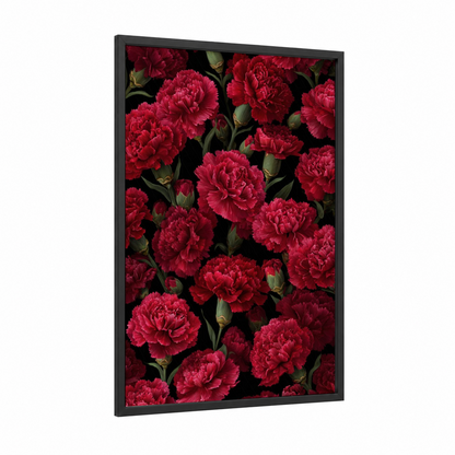 Crimson Carnations framed art print — black wood frame — maroon and black palette