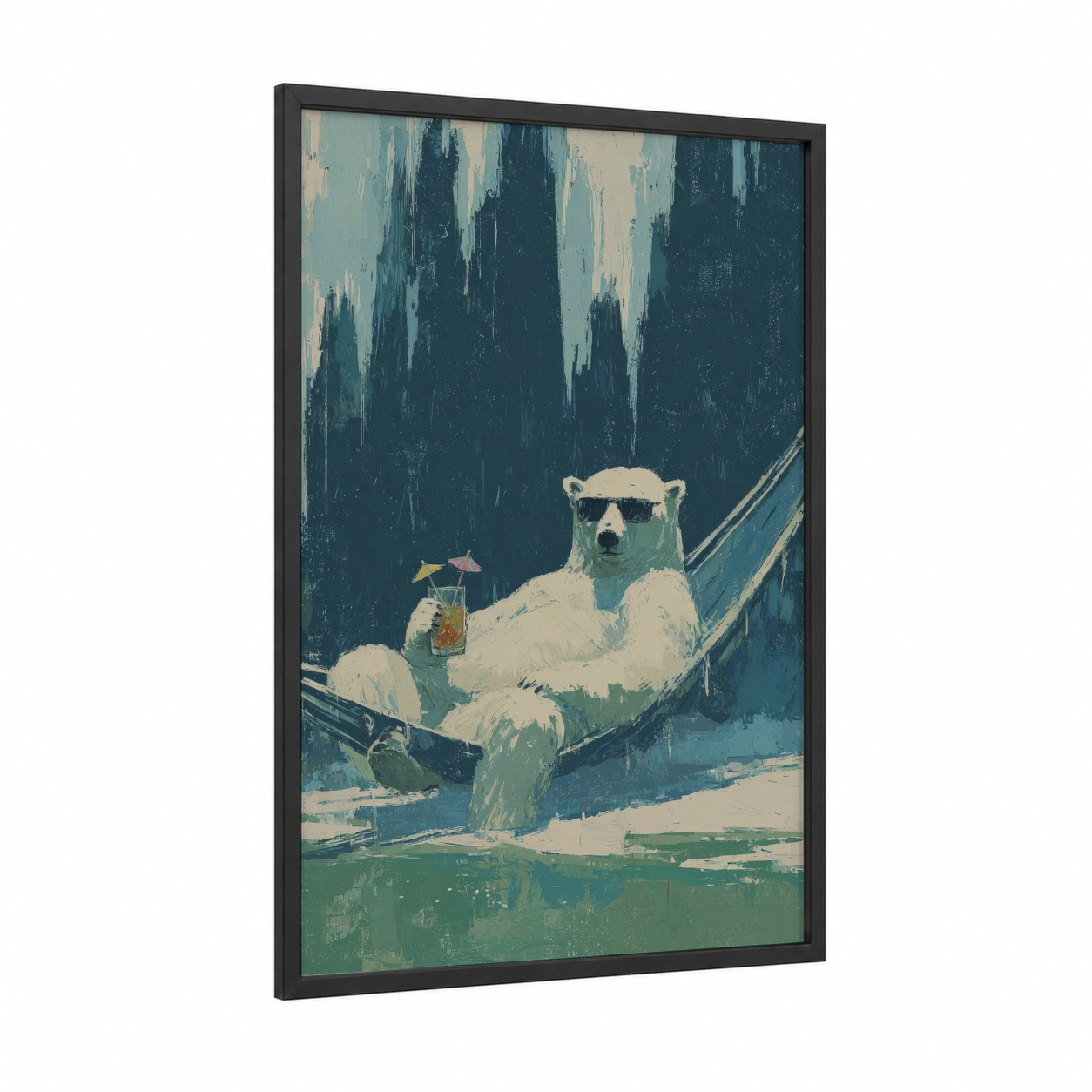 Relaxed Polar Bear framed art print — black wood frame — teal and cream palette