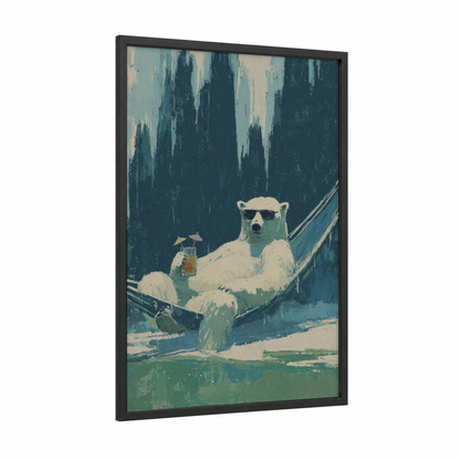 Relaxed Polar Bear framed art print — black wood frame — teal and cream palette