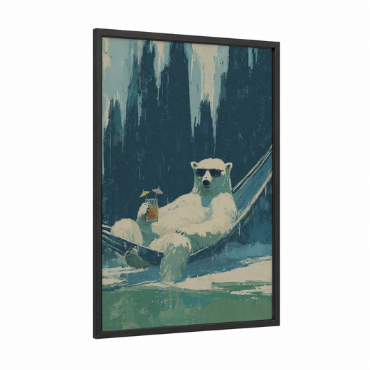 Relaxed Polar Bear framed art print — black wood frame — teal and cream palette