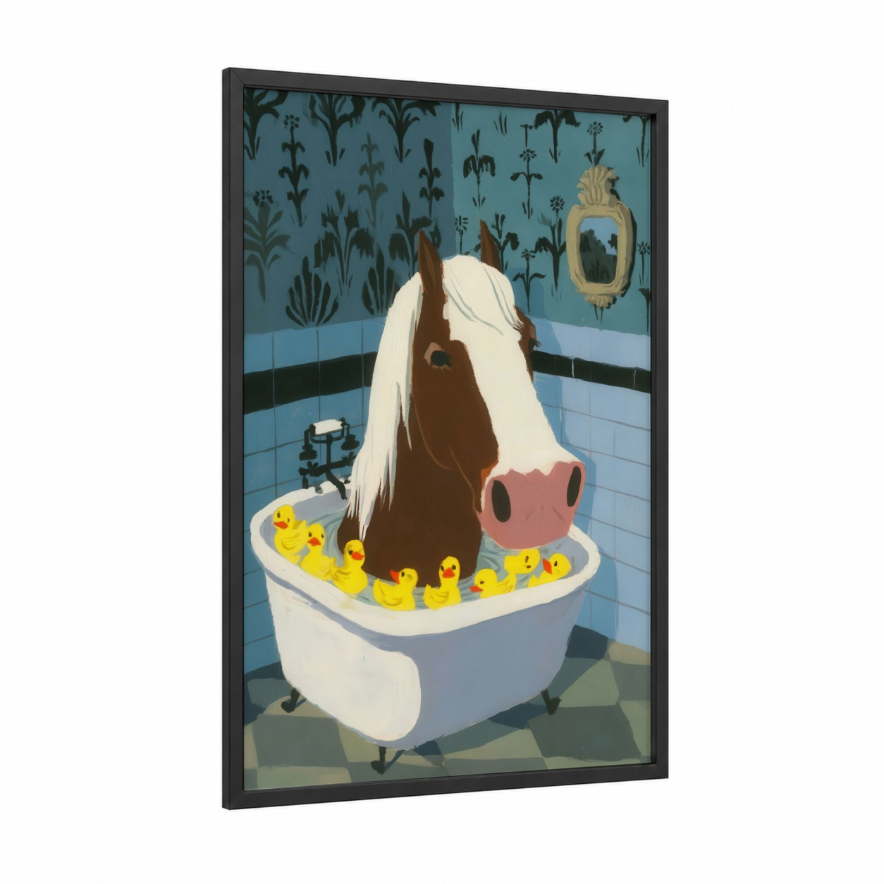 Bathing Clydesdale framed clydesdale horse print — black wood frame — blue and cream palette