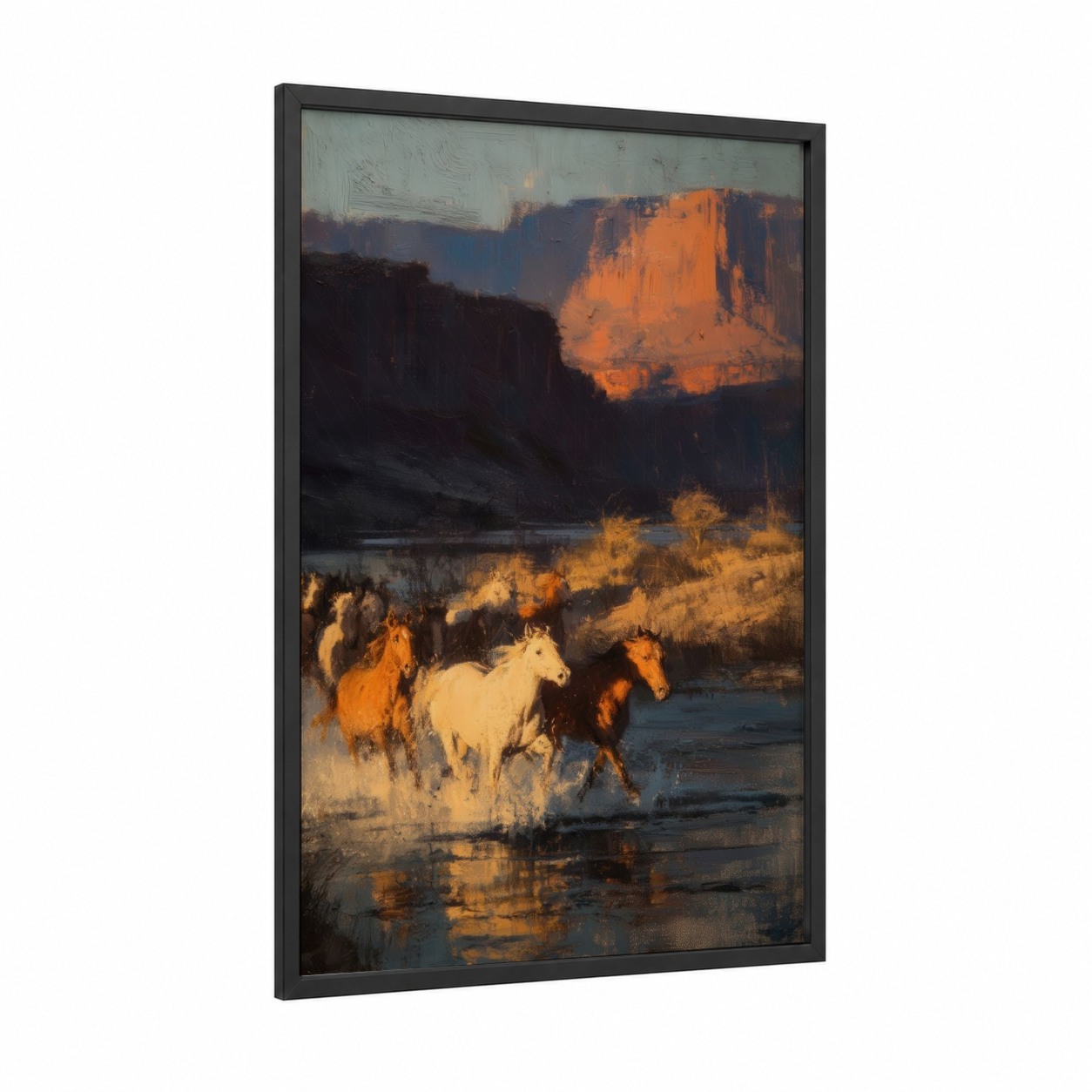 Desert Horses Watering framed quarter horse print — black wood frame — gold and dark blue palette