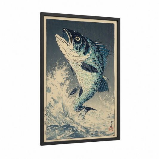 Leaping Dragon Fish framed art print — black wood frame — teal and cream palette