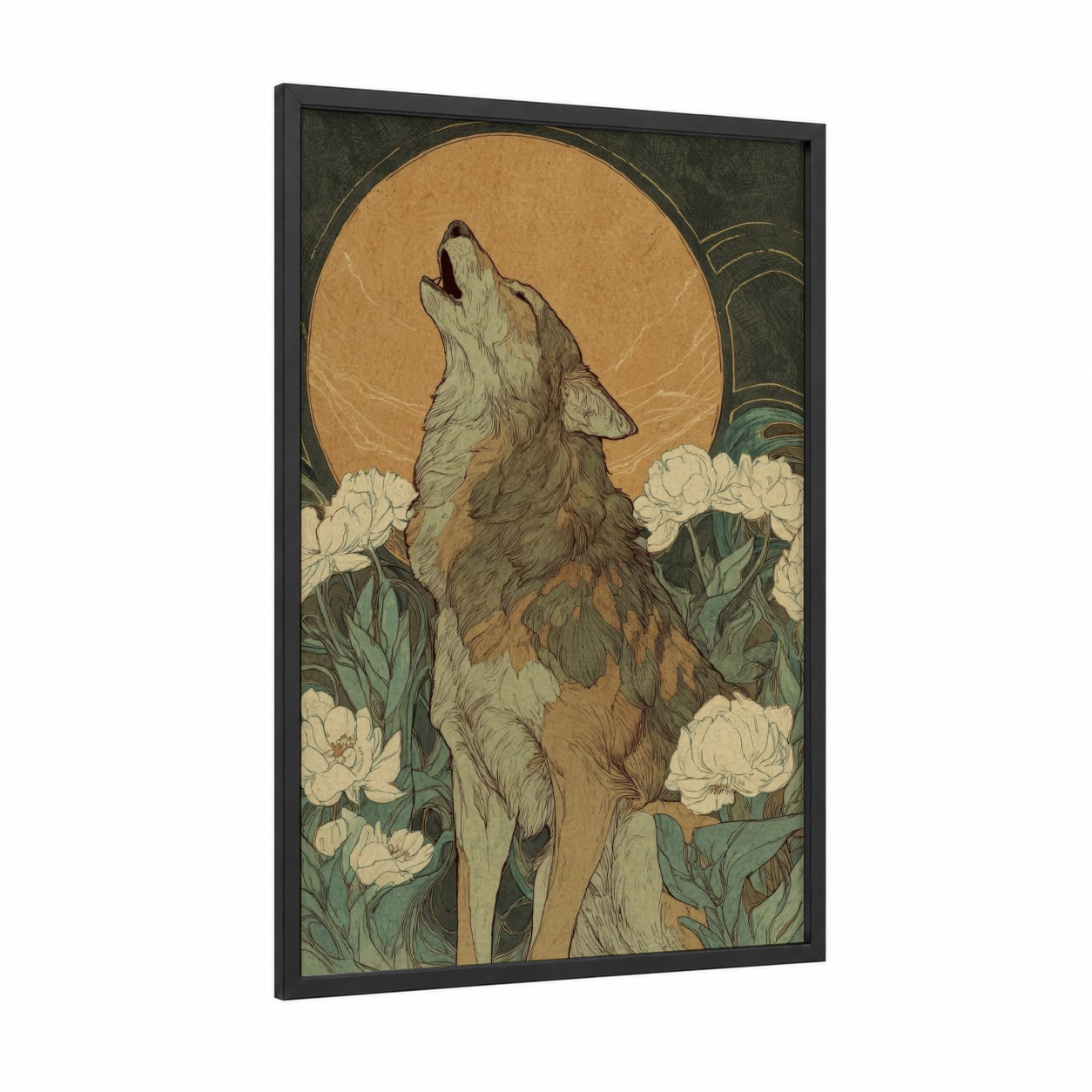 Moonlit Coyote framed art print — black wood frame — gold and sage green palette