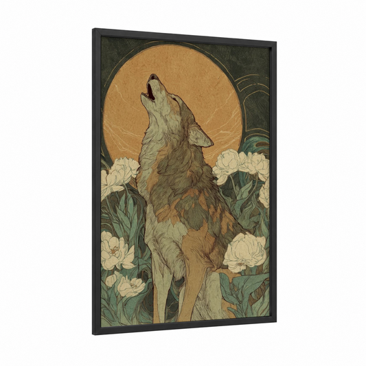 Moonlit Coyote framed art print — black wood frame — gold and sage green palette