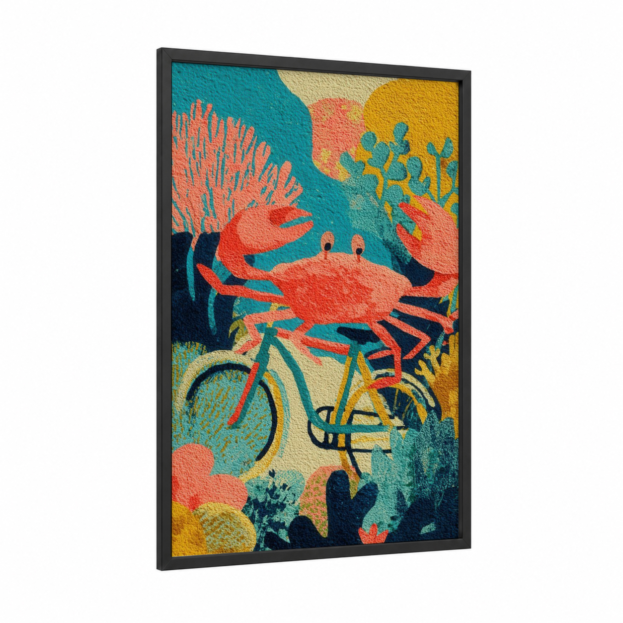 Coral Crab Garden framed art print — black wood frame — teal and pink palette