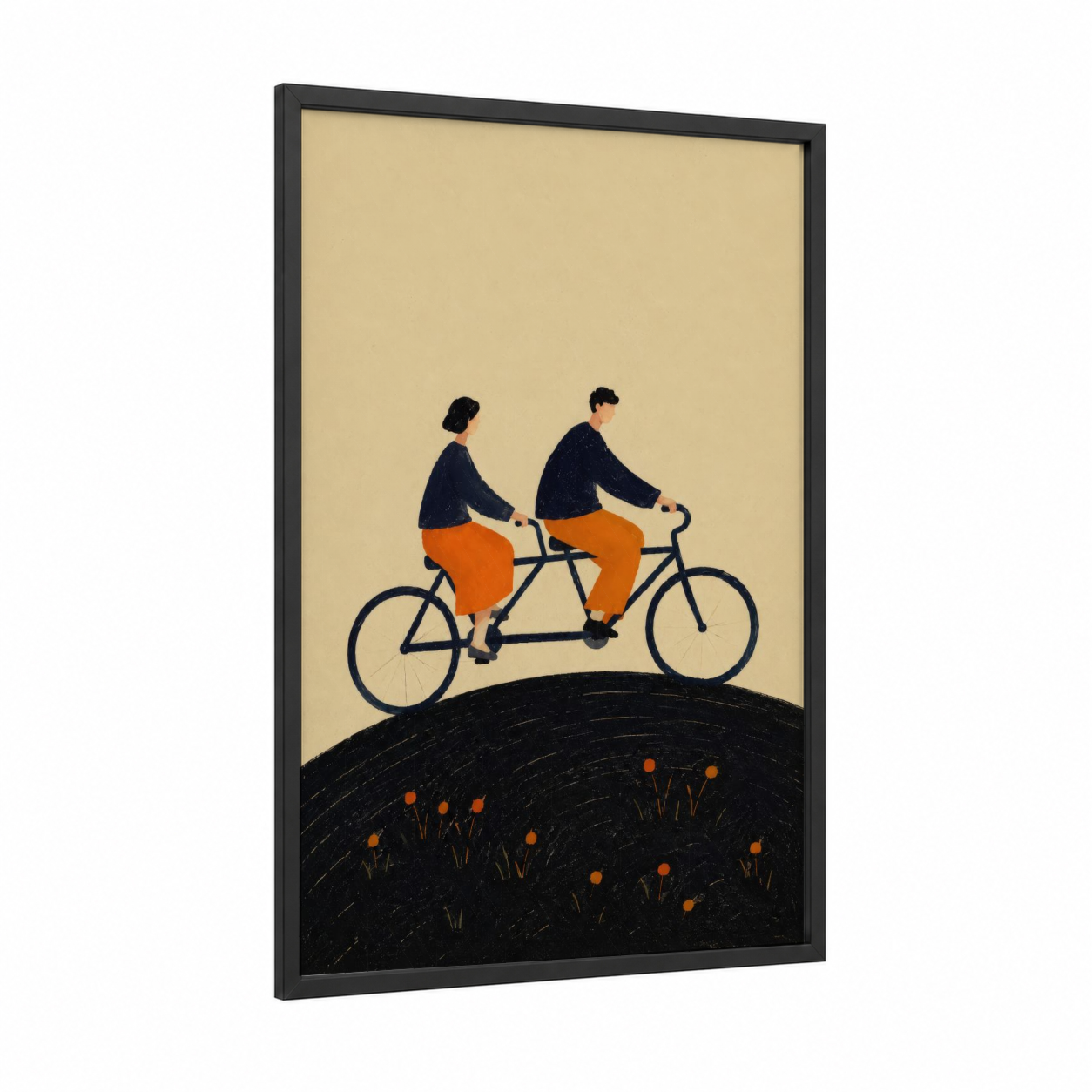 Tandem Bicycle Couple Wall Art framed art print — black wood frame — beige and orange palette