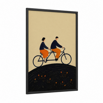 Tandem Bicycle Couple Wall Art framed art print — black wood frame — beige and orange palette