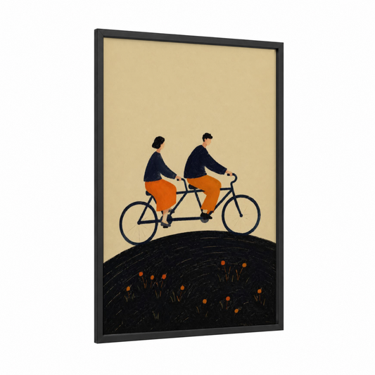 Tandem Bicycle Couple Wall Art framed art print — black wood frame — beige and orange palette