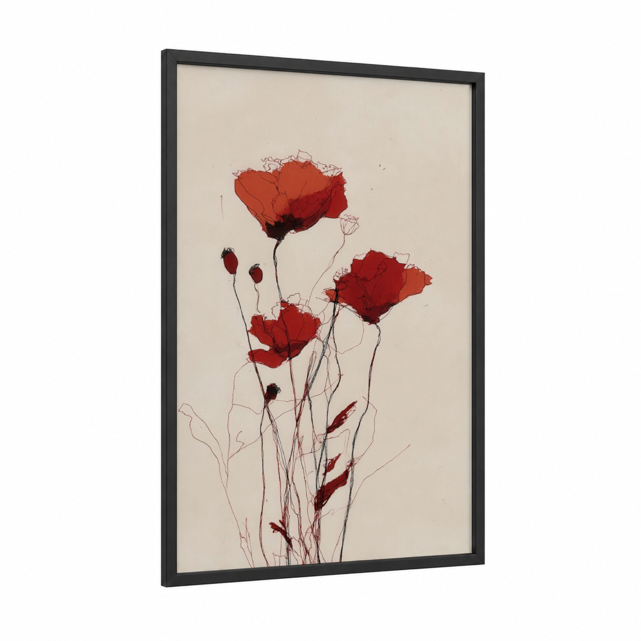 Crimson Poppies framed art print — black wood frame — red and cream palette