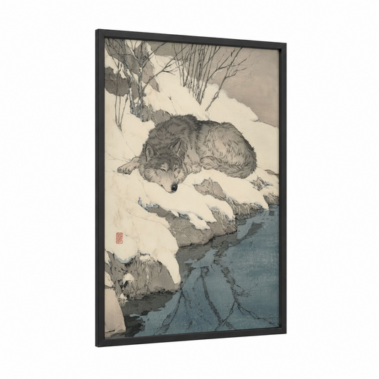 Snowy Wolf Rest framed art print — black wood frame — gray and white and blue and gray palette