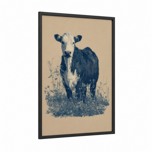Angus Meadow framed angus cow print — black wood frame — black and white and beige palette