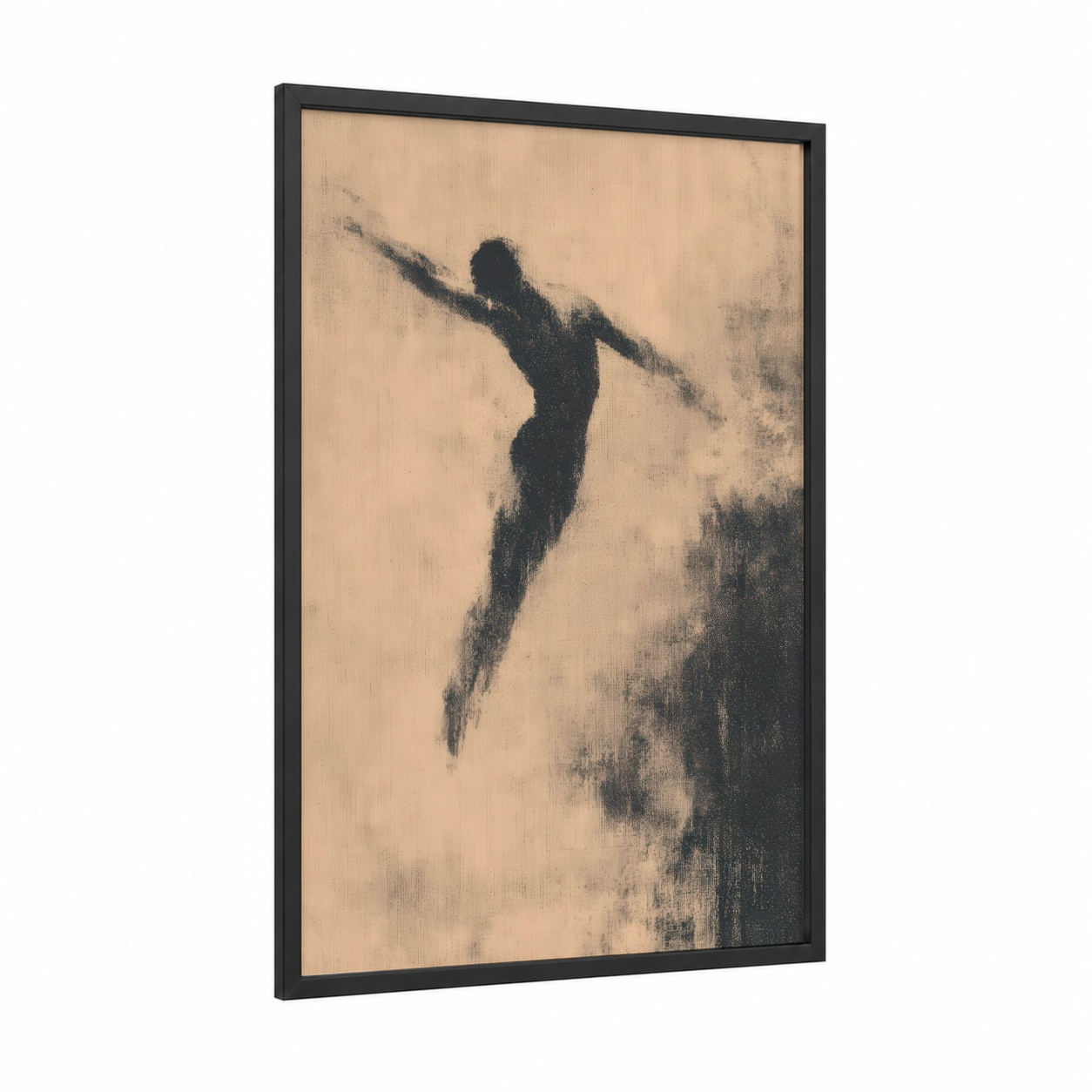 Graceful Leap framed gymnastics print — black wood frame — black and white and beige palette
